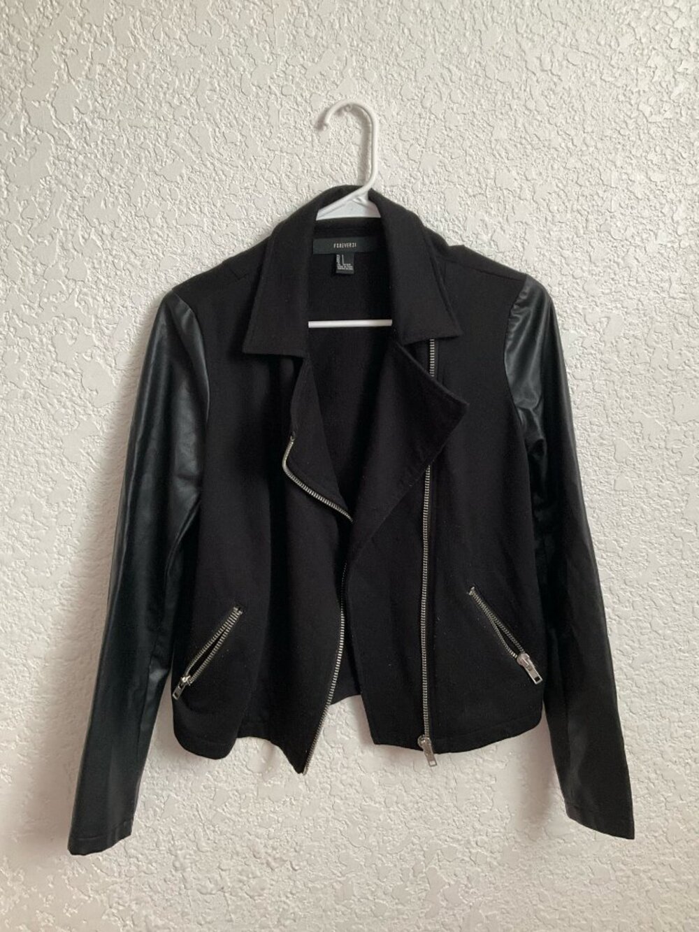 Forever 21 Black Faux Leather Sleeve Moto Jacket Size S